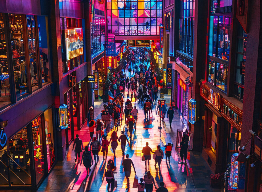 Multidão de pessoas circulando e fazendo compras no shopping.