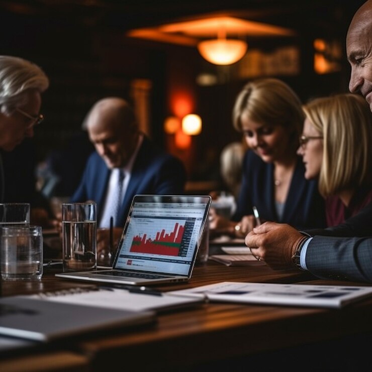 Grupo de pessoas reunido em torno de uma mesa, concentrado em um notebook que exibe um gráfico.