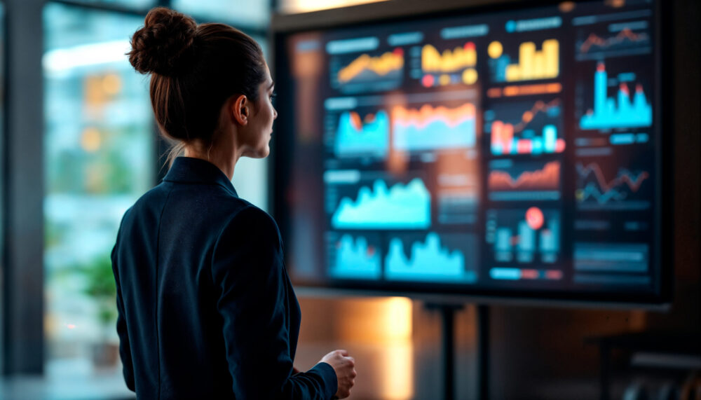 Mulher diante de um painel tecnológico que exibe diversos gráficos de performance de vendas.